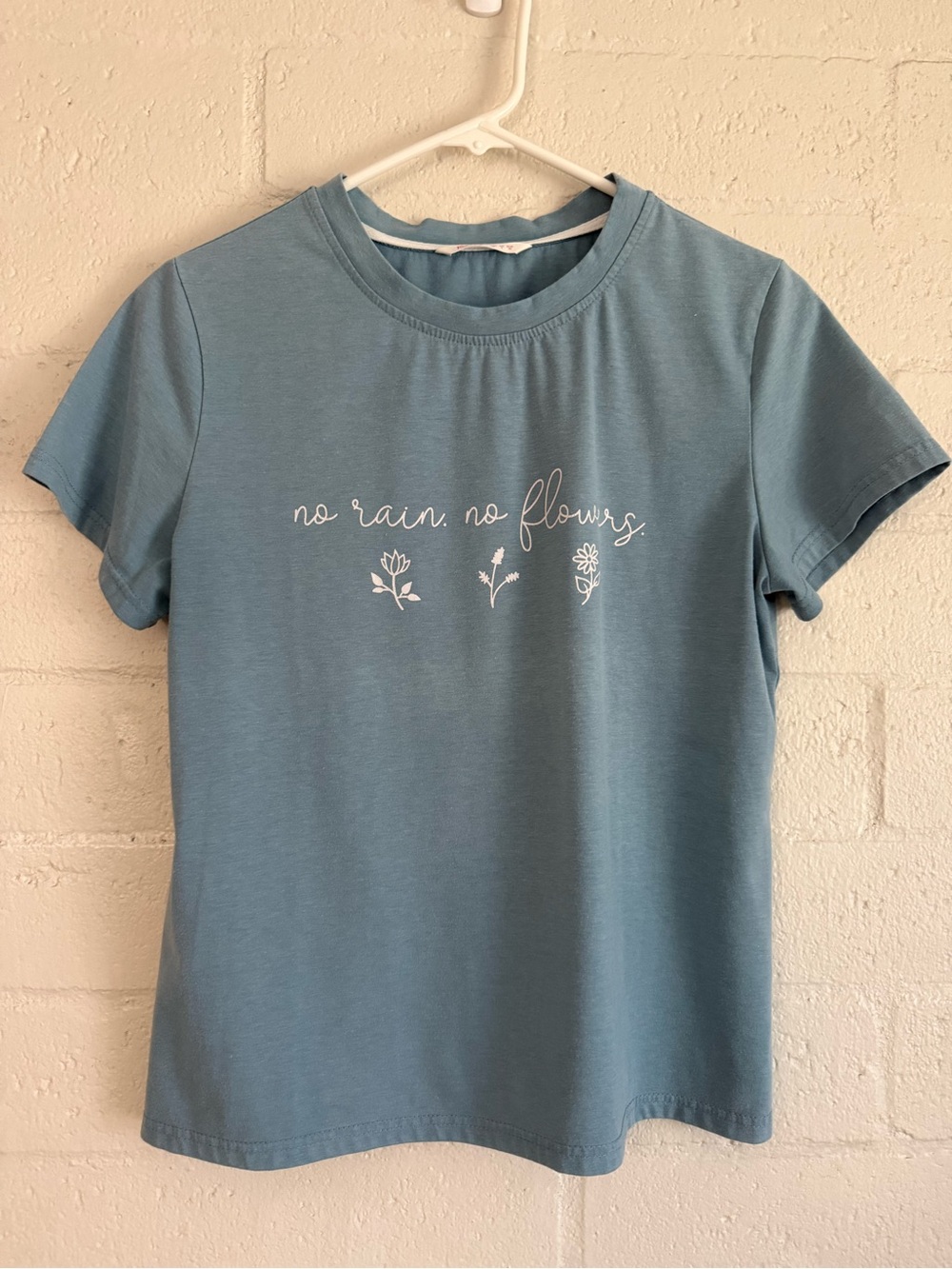 ROMWE Dusty Blue 'No Rain No Flowers' Short Sleeve Tee